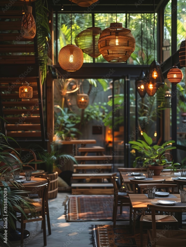 Cozy Restaurant Interior with Hanging Lanterns and Tropical Plants