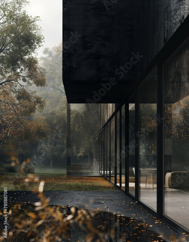 A modern architectural building with reflective glass surfaces amidst autumnal trees and a tranquil atmosphere