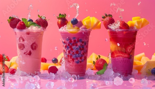 An eye-catching image of smoothie glasses filled with various fruits and berries making a splash against a pink background