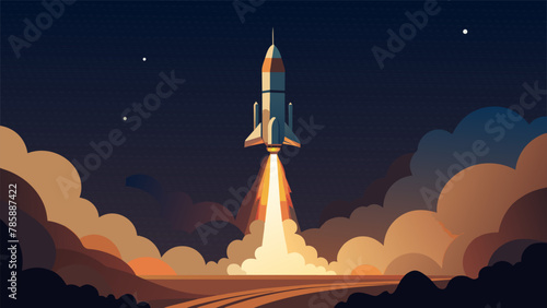 Against the dark void of space the burn of the rockets engines illuminates the surrounding area. Fierce flames lick at the edges of the launch
