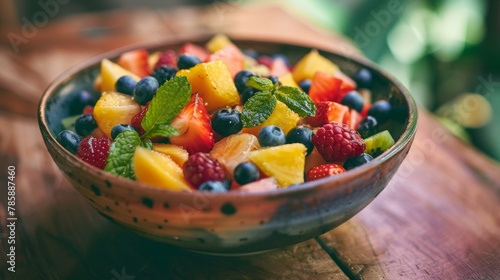 An inviting bowl of fresh fruit salad with vibrant colors and a variety of berries and fruits garnished with mint leaves photo