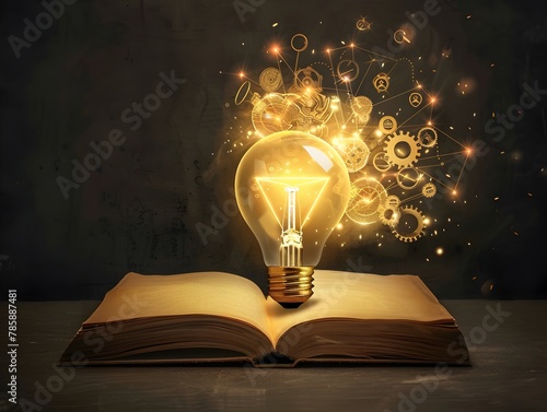 Glowing Light Bulb and Gears on Open Book Symbolizing Intellectual Property and Innovative Ideas