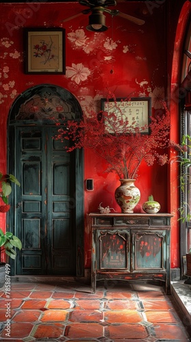 An inviting Asian-inspired entryway showcasing red floral walls complemented by elegant cherry blossoms and traditional wooden furniture
