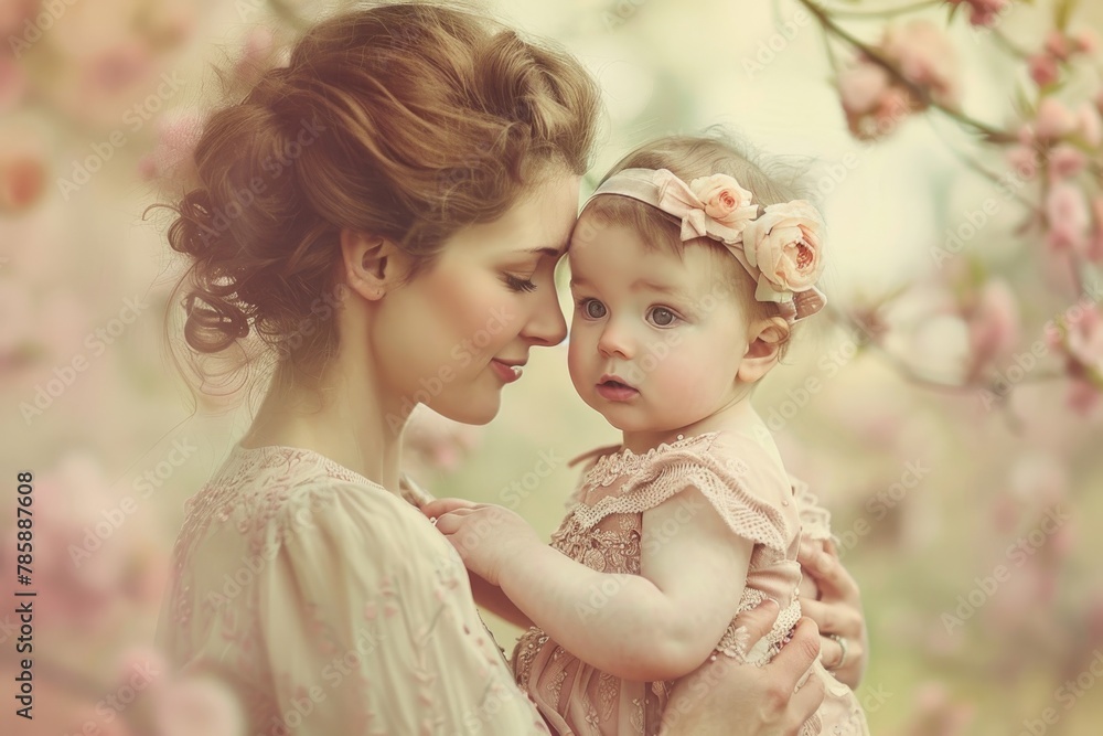 A mother lovingly holds her young child surrounded by soft, vintage-themed floral surroundings A mother lovingly holds her young child surrounded by soft, vintage-themed floral surroundings