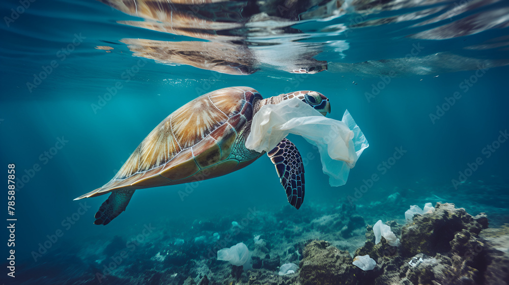 Obraz premium Plastic Pollution in Ocean - Turtle Eating Plastic Bag