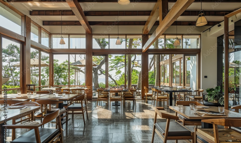 The image captures a warm and inviting dining space with large windows offering beautiful views of the beachfront and ocean, creating a serene atmosphere