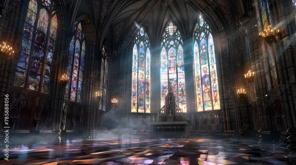 Fototapeta premium Dramatic Gothic Chapel Bathed in Ethereal Stained-Glass Lighting