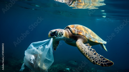 Plastic Pollution in Ocean - Turtle Eating Plastic Bag
