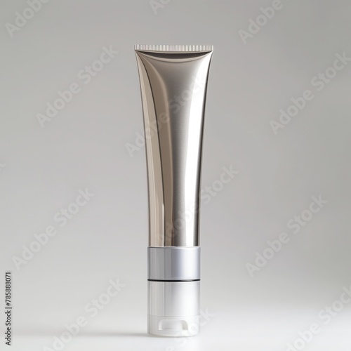 Sleek silver cosmetic tube for skincare product packaging with clean design aesthetic isolated on a gray backdrop