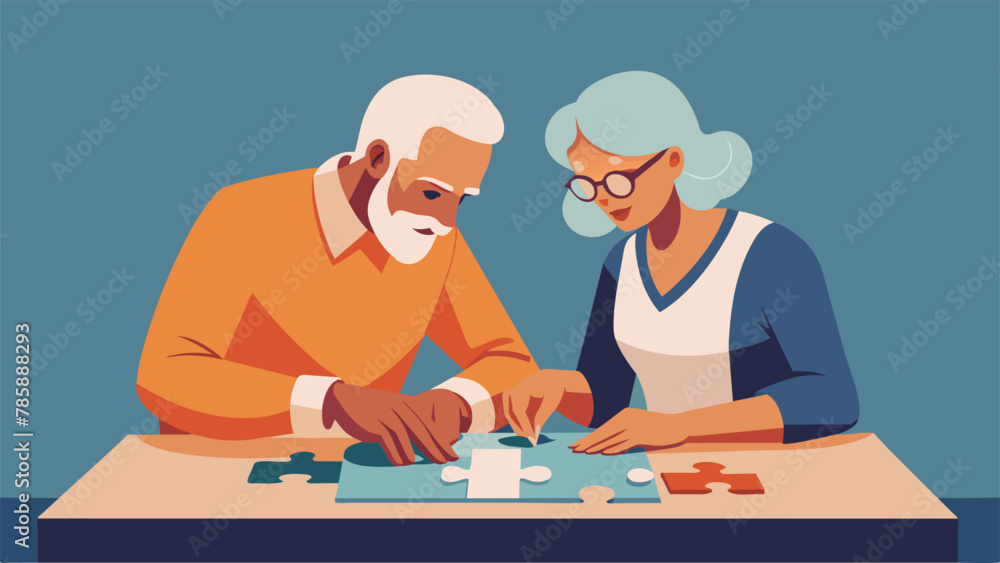 An elderly couple engrossed in an intricate jigsaw puzzle their fingers delicately manipulating each piece as they outsmart the challenging An elderly couple engrossed in an intricate jigsaw puzzle their fingers delicately manipulating each piece as they outsmart the challenging