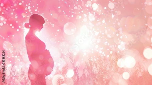 The background is light pink with a glittering white light and a sacred pregnant woman's tummy.