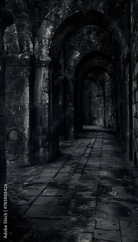 Eerie Labyrinthine Corridors of a Gothic Castle Echoing with Whispers of the Past