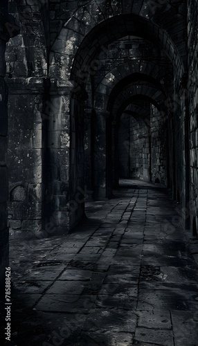 Eerie Labyrinthine Corridors of a Gothic Castle Echoing with Whispers of the Past