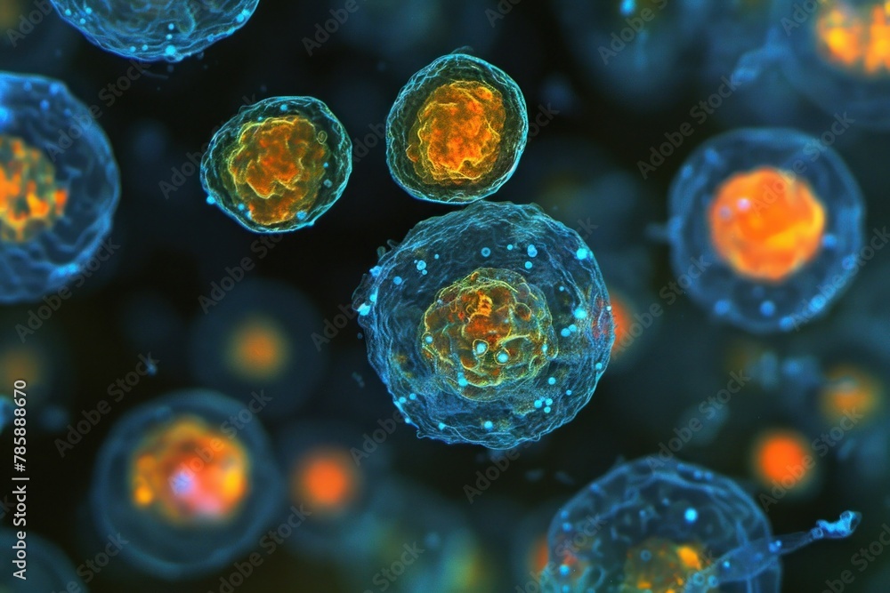 3D illustration of a group of abstract glowing orange and blue cells on a dark blue background. Modern medical technology concept. 3D illustration of a group of abstract glowing orange and blue cells on a dark blue background. Modern medical technology concept.