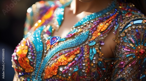 Close-up of intricate beadwork and sequins on a carnival costume