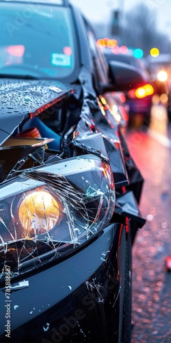 the front end of a black car after an accident, with traffic in the background with damaged headlights and dents in the hood