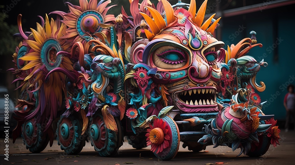 Colorful carnival floats adorned with intricate designs and motifs