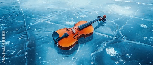  A violin in the center of a frozen lake