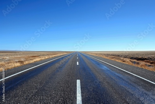 Endless highway stretching through the vast and desolate landscape, disappearing into the distant horizon under the clear blue sky.