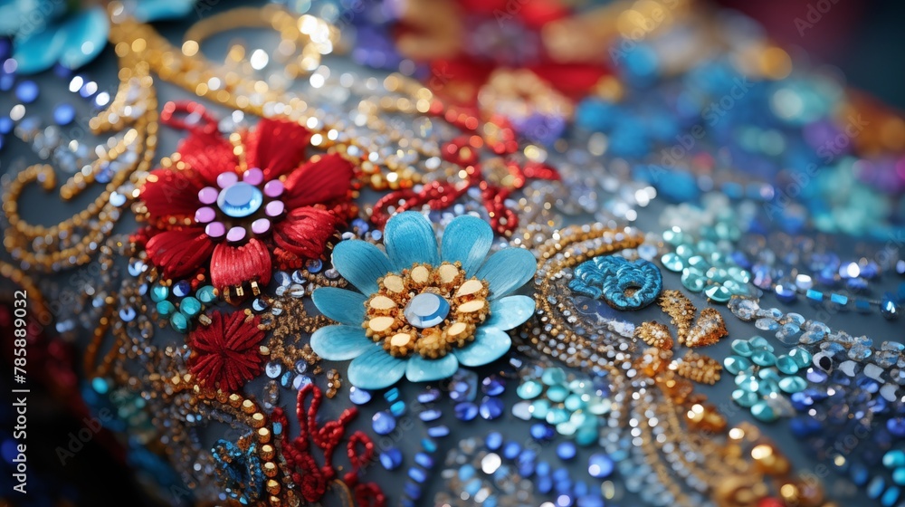 Obraz premium Intricate beadwork and sequins on a carnival costume close-up