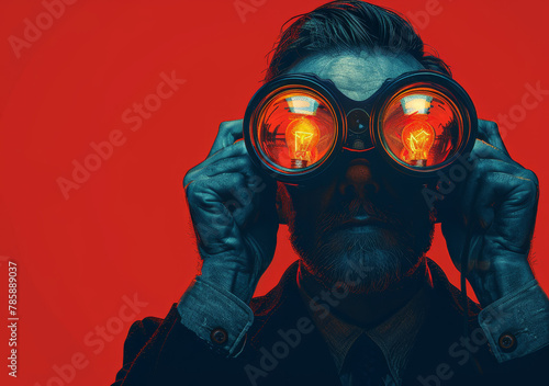 Middle-aged successful businessman seeks business vision, opportunities and creative solutions using curiosity and imagination represented by lightbulb and binoculars