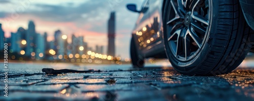 closeup of a tire on the road with a blurry city backdrop