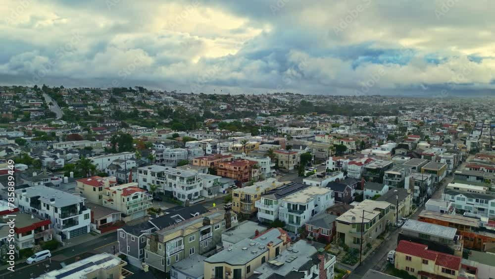 Densely Packed Beachside Neighborhood Of Manhattan Beach City In Los Angeles County, California USA. Aerial Drone Shot Densely Packed Beachside Neighborhood Of Manhattan Beach City In Los Angeles County, California USA. Aerial Drone Shot