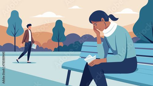 A person sitting alone on a park bench tears streaming down their face but a handkerchief being offered by a stranger passing by demonstrating