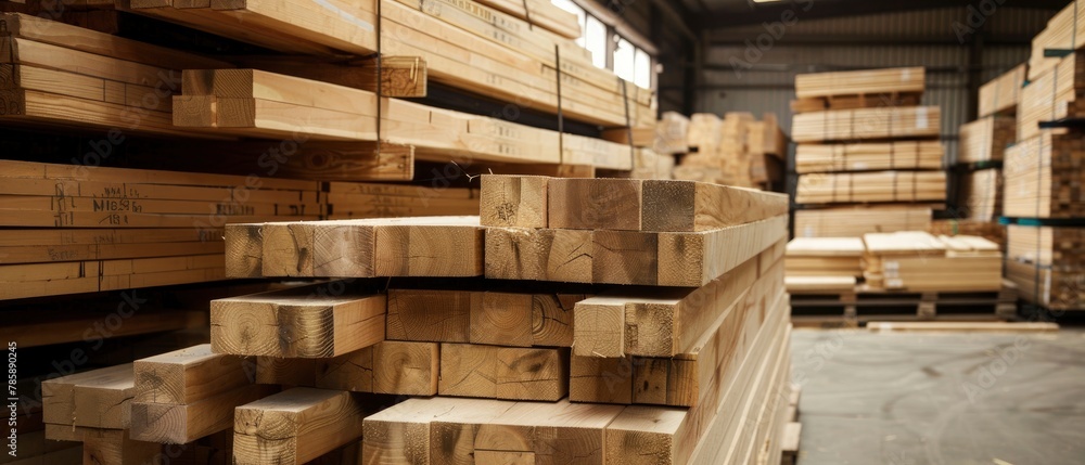 Wooden beams stacked in the warehouse closeup - obrazy, fototapety, plakaty 