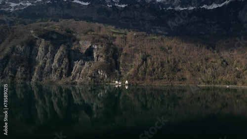 Aerial view of hill cliffs during summer in Walensee, Switzerland. photo