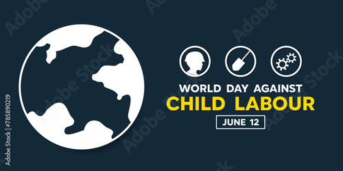 World Day Against Child Labour. Earth, child, shovel and gear. Great for cards, banners, posters, social media and more. Black background.