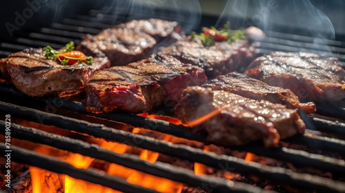 Juicy steaks with grill marks cooking on an outdoor barbecue grill in daylight