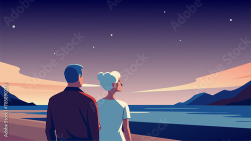 An elderly couple gazing up at a starry sky surrounded by the peaceful serenity of a secluded beach they stumbled upon during their journey off