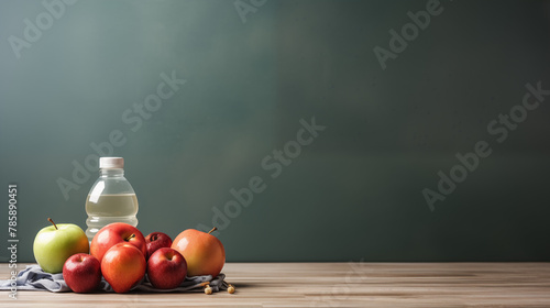 fruits and water bottles on dark isolated background