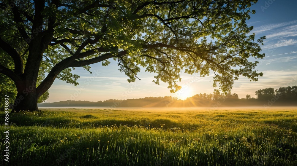 Obraz premium Sunrise over a tranquil green field with a lone tree