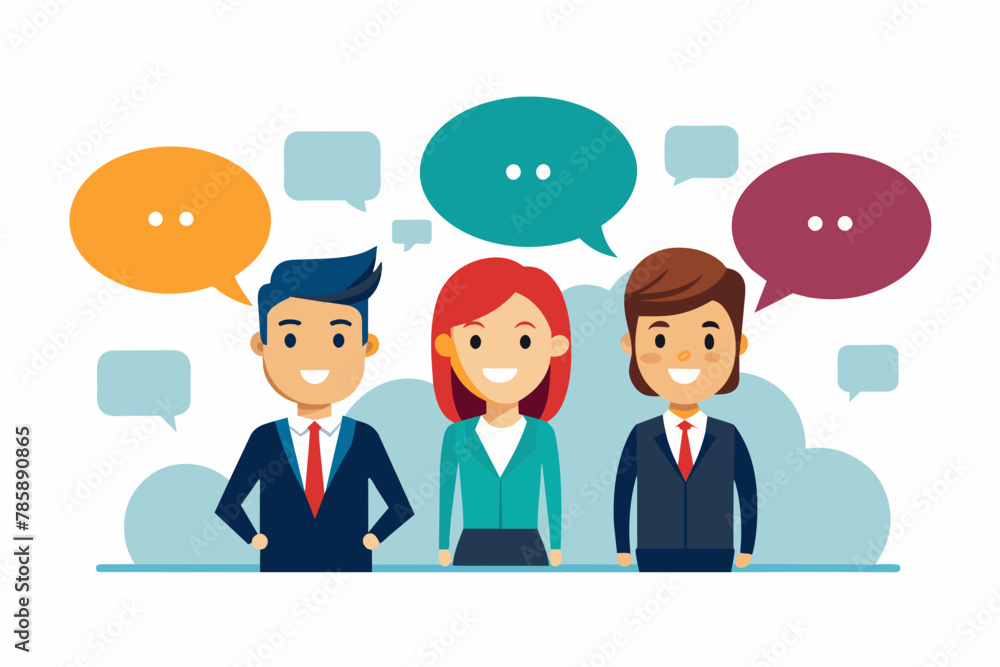 Vector art of Discussion and Communication concept for banner, website design, or landing page. Business people talking about project work standing in the speech bubbles. Vector illustration Vector art of Discussion and Communication concept for banner, website design, or landing page. Business people talking about project work standing in the speech bubbles. Vector illustration