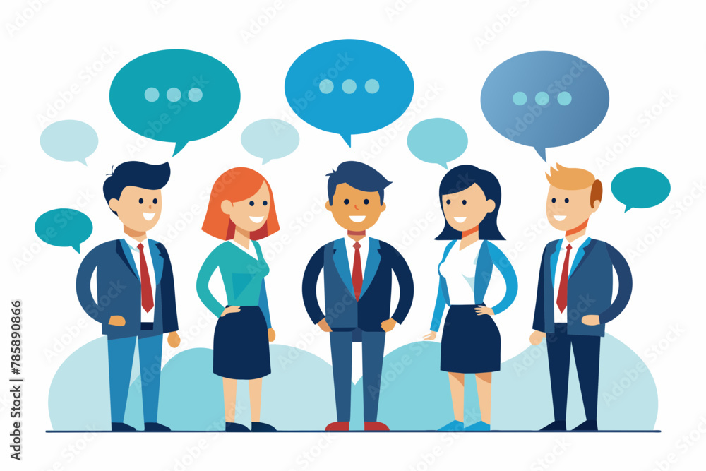 Vector art of Discussion and Communication concept for banner, website design, or landing page. Business people talking about project work standing in the speech bubbles. Vector illustration