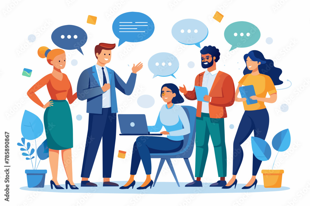 Vector art of Discussion and Communication concept for banner, website design, or landing page. Business people talking about project work standing in the speech bubbles. Vector illustration Vector art of Discussion and Communication concept for banner, website design, or landing page. Business people talking about project work standing in the speech bubbles. Vector illustration