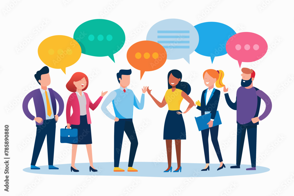 Vector art of Discussion and Communication concept for banner, website design, or landing page. Business people talking about project work standing in the speech bubbles. Vector illustration Vector art of Discussion and Communication concept for banner, website design, or landing page. Business people talking about project work standing in the speech bubbles. Vector illustration