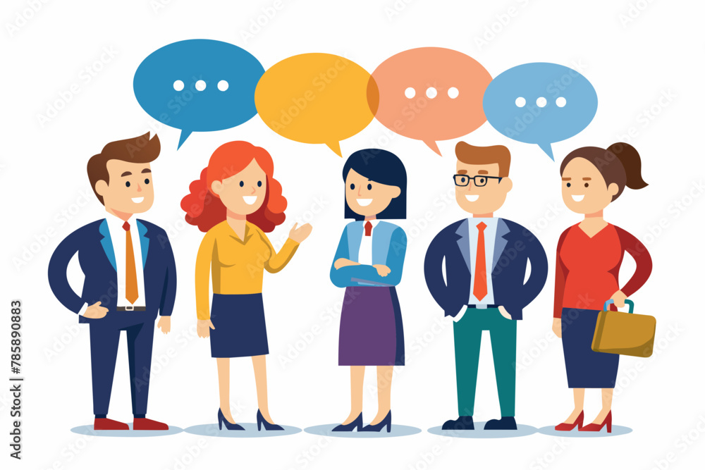 Vector art of Discussion and Communication concept for banner, website design, or landing page. Business people talking about project work standing in the speech bubbles. Vector illustration Vector art of Discussion and Communication concept for banner, website design, or landing page. Business people talking about project work standing in the speech bubbles. Vector illustration