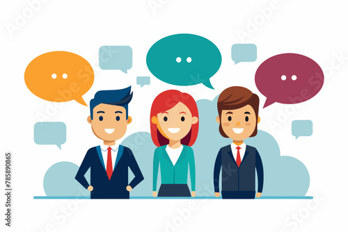 Vector art of Discussion and Communication concept for banner, website design, or landing page. Business people talking about project work standing in the speech bubbles. Vector illustration