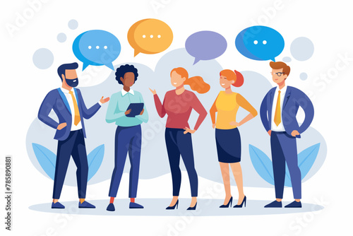 Vector art of Discussion and Communication concept for banner, website design, or landing page. Business people talking about project work standing in the speech bubbles. Vector illustration