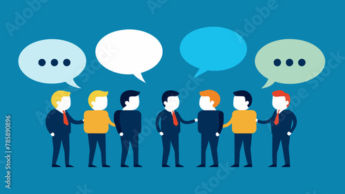 Vector art of Discussion and Communication concept for banner, website design, or landing page. Business people talking about project work standing in the speech bubbles. Vector illustration