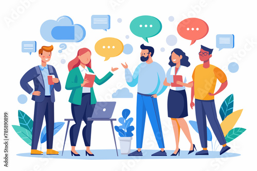 Vector art of Discussion and Communication concept for banner, website design, or landing page. Business people talking about project work standing in the speech bubbles. Vector illustration