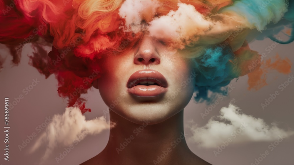 A surreal portrait of a woman with her head tilted back, where colorful smoke and clouds blend into a unique, dream-like hairstyle against a soft background.