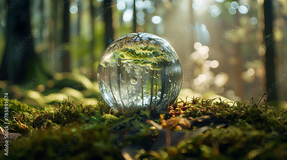 crystal ball on moss in the forest - environmental concept crystal ball on moss in the forest - environmental concept