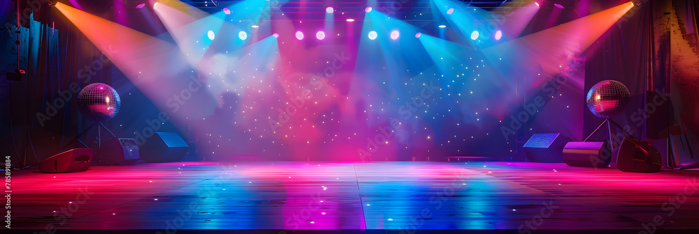 Empty dance floor on club stage under colorful spotlights and disco balls, emitting retro vibe, inviting electrifying dance show or concert, blending classic theatre ambiance with modern entertainment