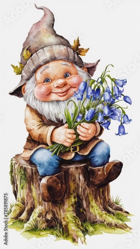 A heartwarming illustration depicts a delighted gnome, donning a leaf-adorned hat, sitting on a tree stump and lovingly holding a bouquet of bluebells.