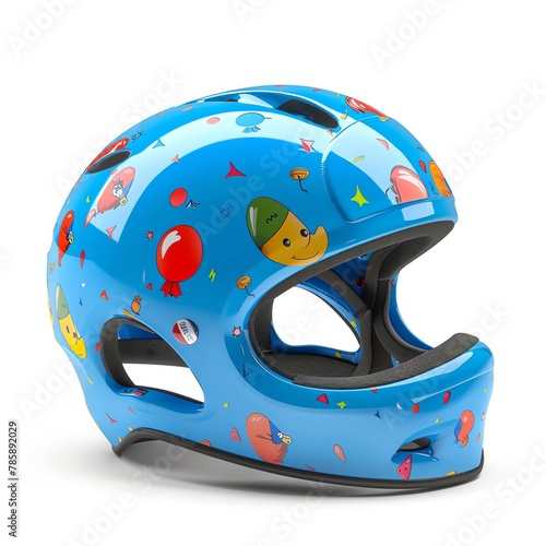 Toddler safety helmet in vibrant blue with cartoon decals, realistic glossy finish, 3D rendered on a white background. photo