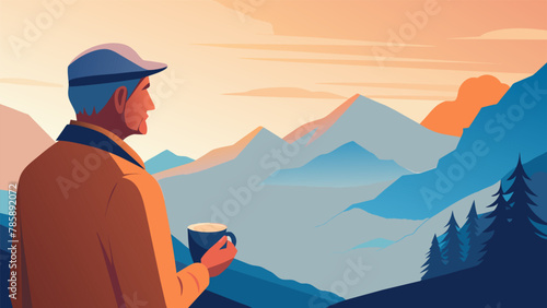 With a cup of steaming tea in hand an elderly man looks out at the towering mountain range spread out before him. With each sip he reflects on